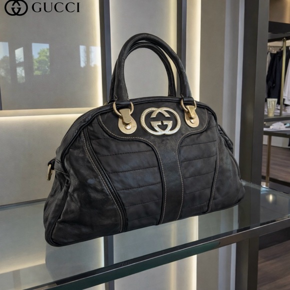 AUTHENTIC GUCCI DIALUX SNOW GLAM BOWLER BLK LEATHER SILV GG SHOULDER BAG W/CHAIN - Picture 1 of 10